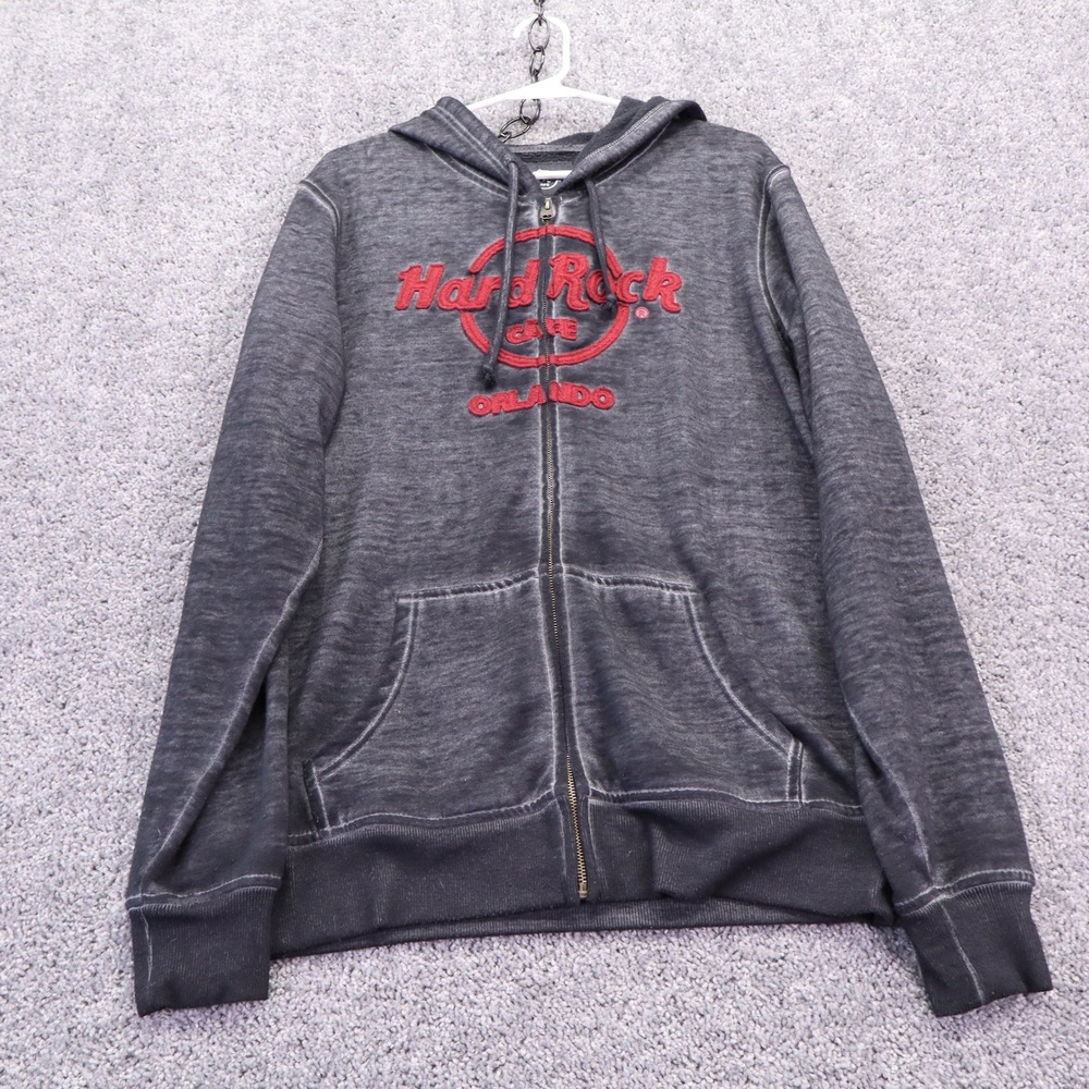 Hard Rock Cafe Hoodie Mens Large Black Orlando Florida Acid Wash Full Zip